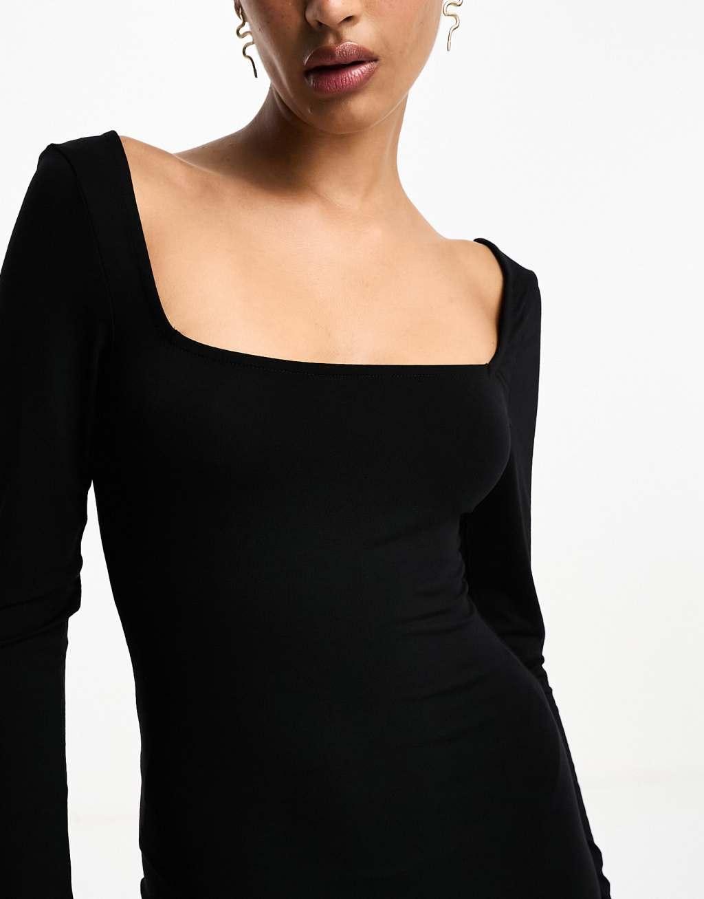 ASOS DESIGN square neck softline long sleeve midi dress in black Product Image