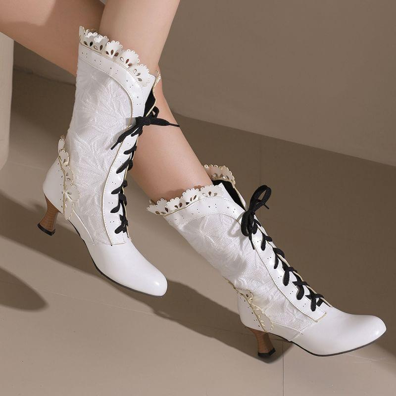 Low-Heel Lace-Up Lace Mid Calf Boots Product Image