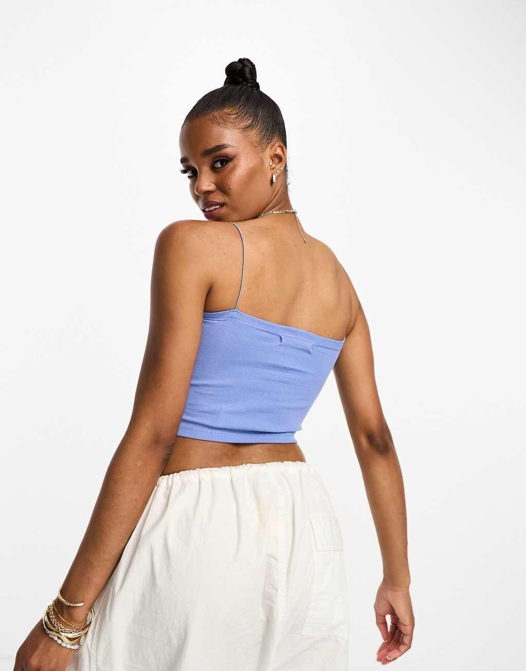 Pull&Bear 2 pack strappy ribbed tube crop top in white & petrol blue Product Image