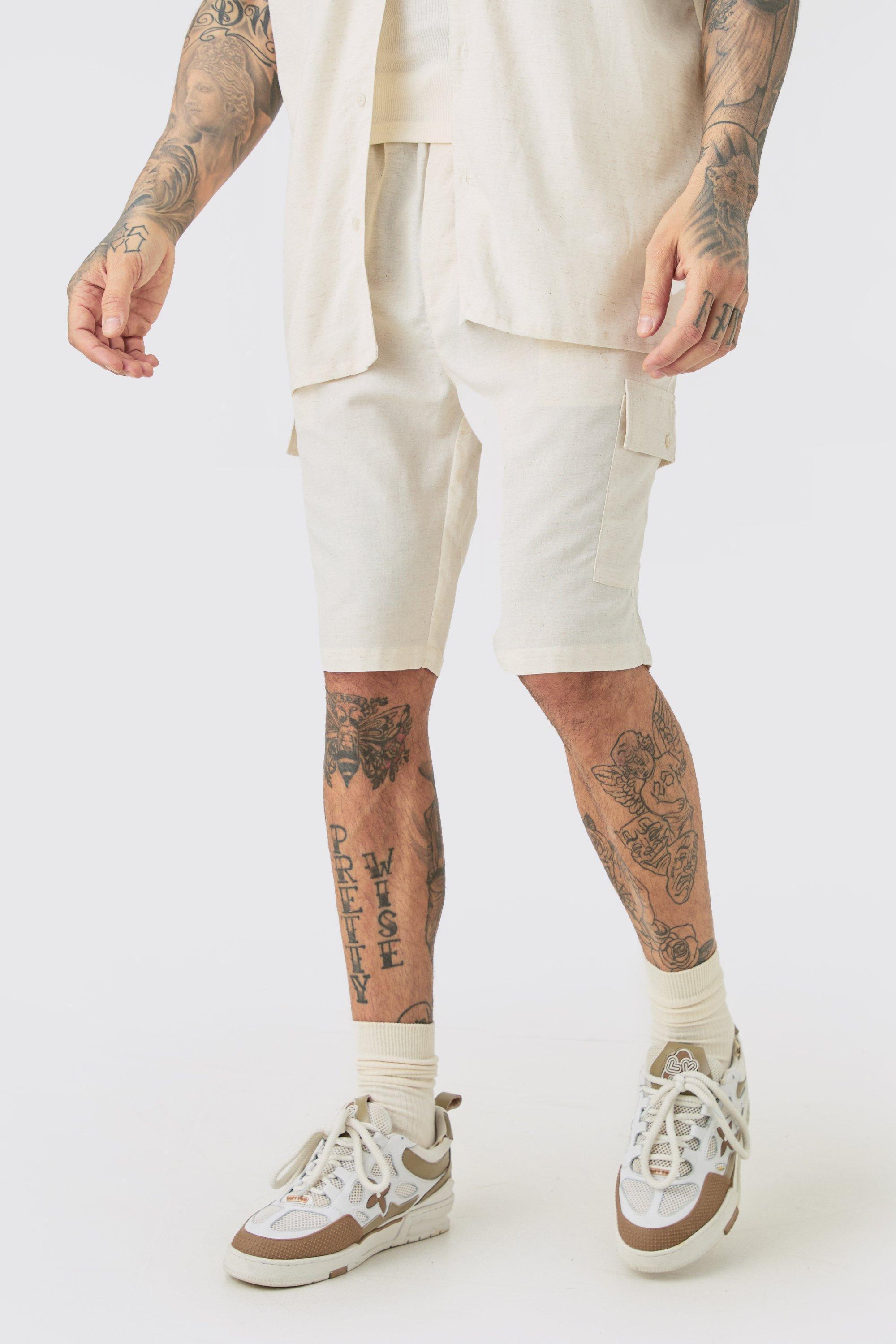 Tall Elasticated Waist Relaxed Linen Cargo Shorts In Natural | boohooMAN USA Product Image