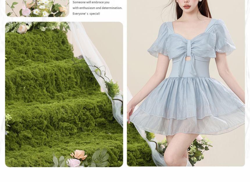 Puff Sleeve Sweetheart Neck Plain Bow Swimdress Product Image