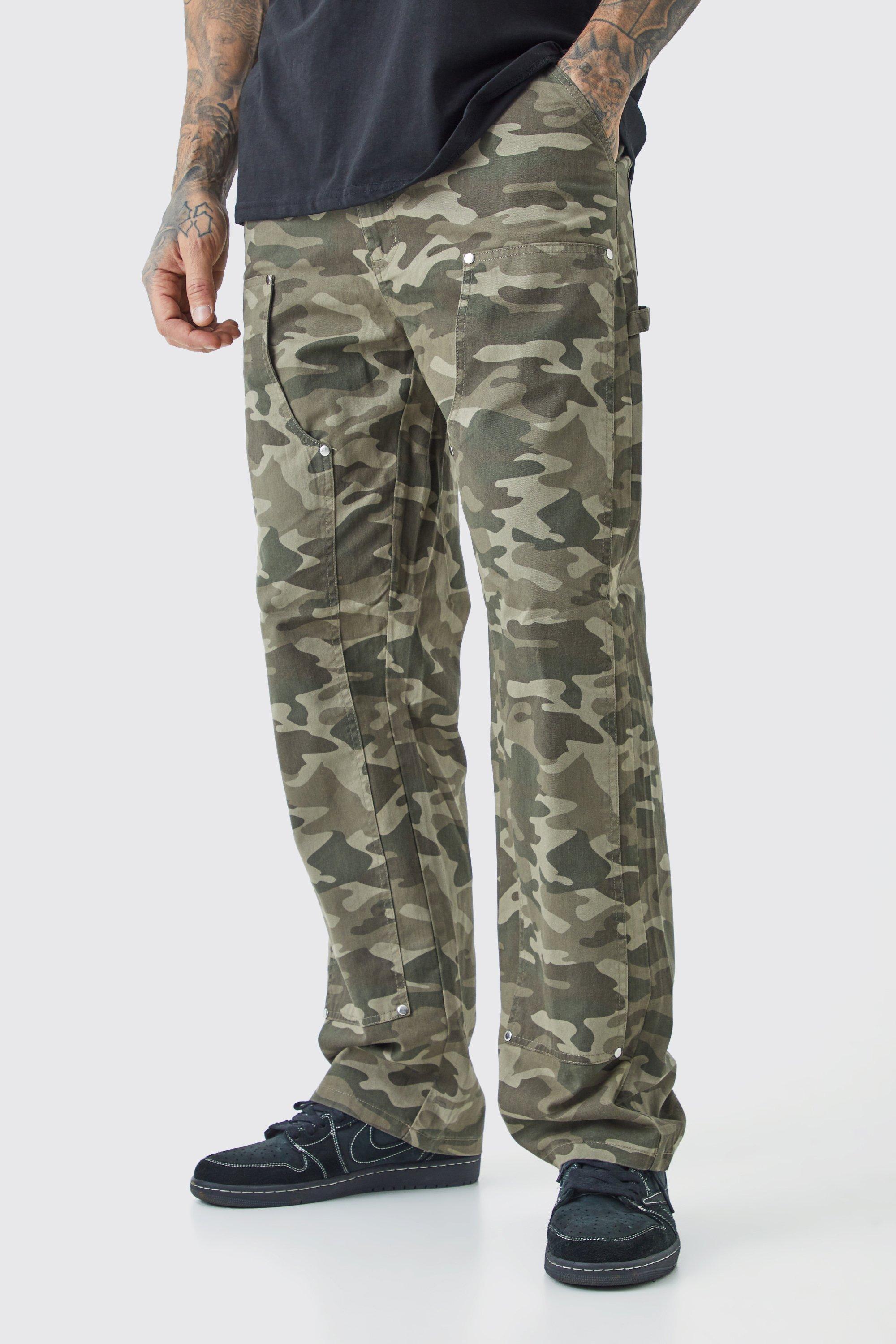 Tall Fixed Waist Relaxed Twill Camo Carpenter Trouser | boohooMAN USA Product Image