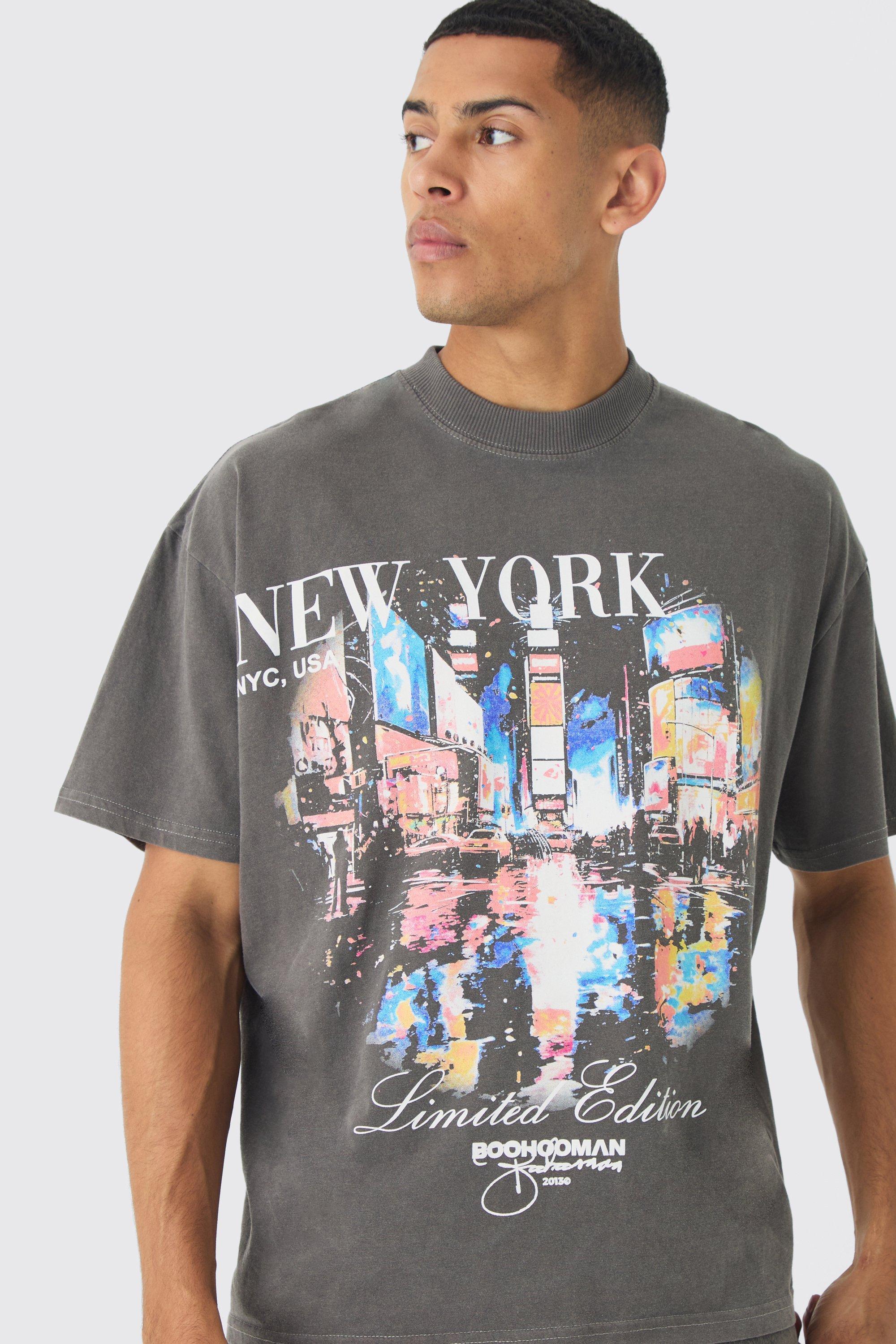 Mens Brown Oversized Extended Neck Boxy New York Wash Print T-Shirt, Brown Product Image