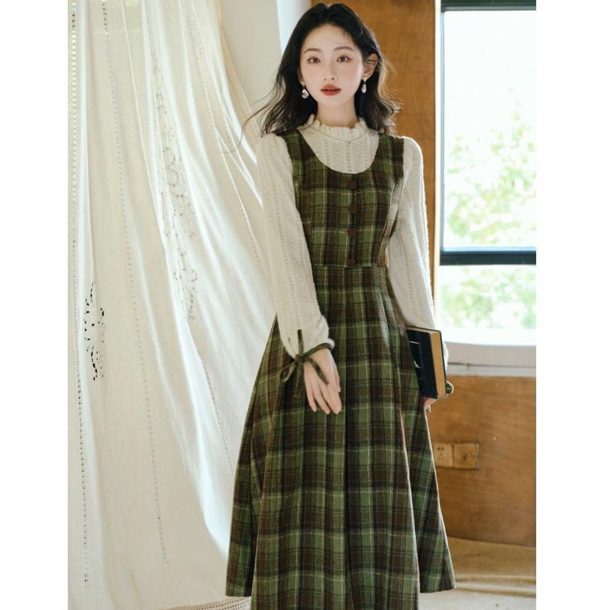 Mock Two-Piece Long-Sleeve Plaid Panel Frill Trim Midi A-Line Dress Product Image