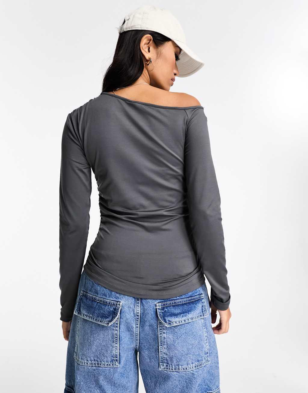 Pieces off shoulder long sleeve top in charcoal gray Product Image