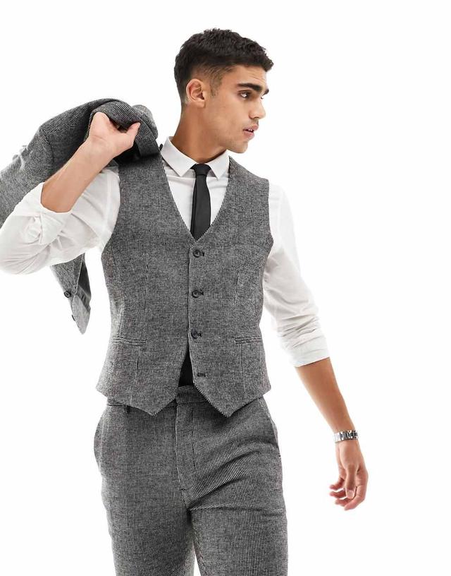 ASOS DESIGN wedding super skinny wool mix suit vest in monochrome puppytooth Product Image