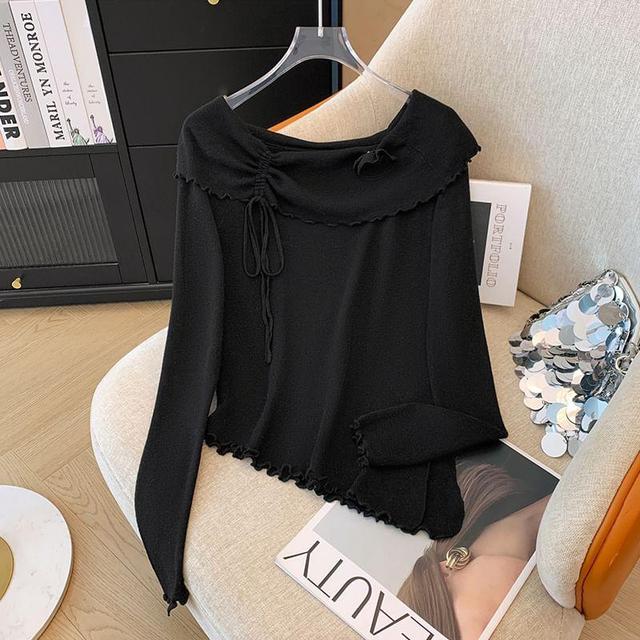 Long-Sleeve Off Shoulder Plain Flower Detail Knit Top Product Image