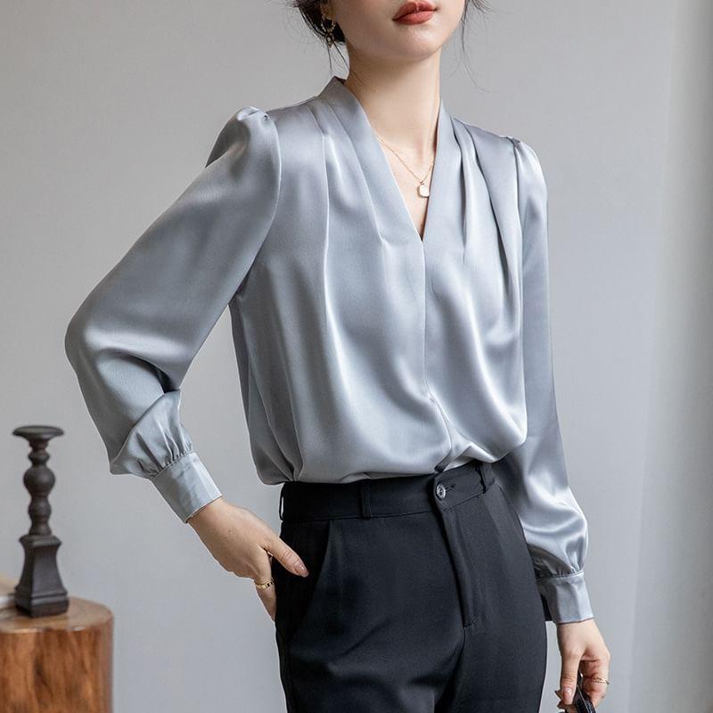 Long-Sleeve V-Neck Satin Plain Blouse Product Image