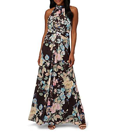 Adrianna Papell Floral Print Halter Neck Sleeveless Gown Product Image