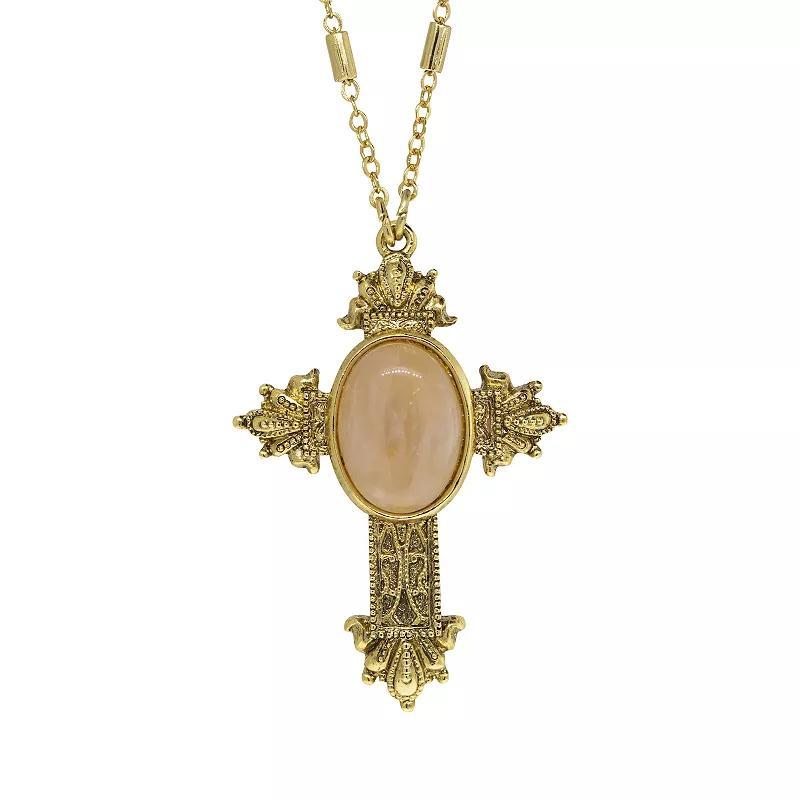 14K Gold Dipped Oval Semi Precious Genuine Rose Quartz Cross Necklace Product Image