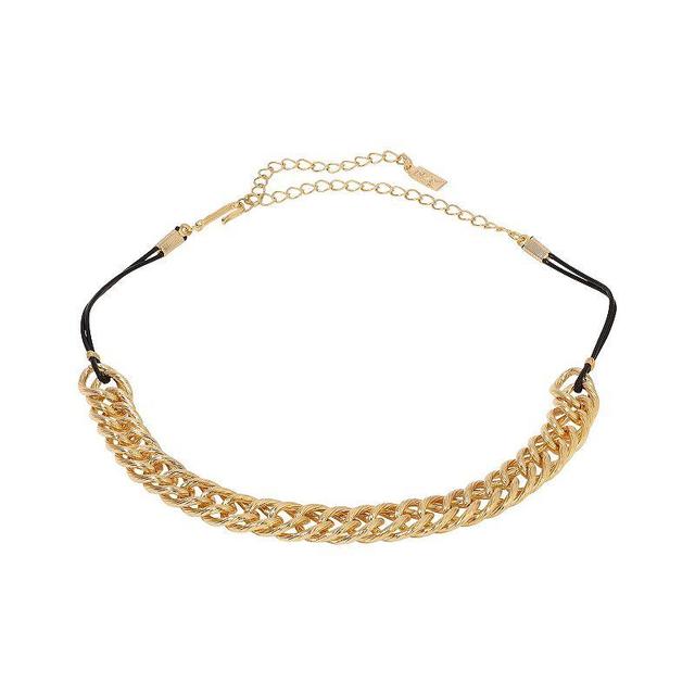 1928 Gold Tone Chain Thin Black Rope Choker Necklace, Womens Product Image