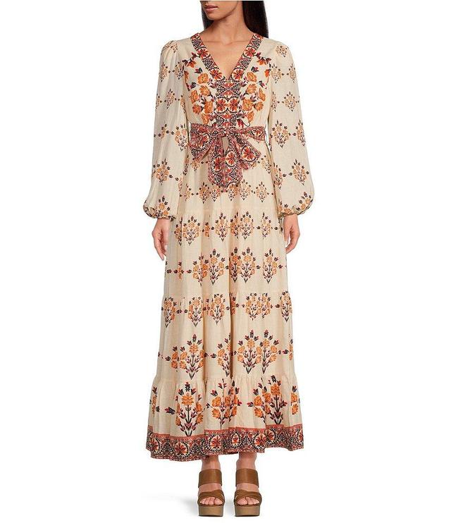 A Loves A Floral Printed Linen Blend Long Sleeve V-Neck Self Tie Maxi Dress Product Image