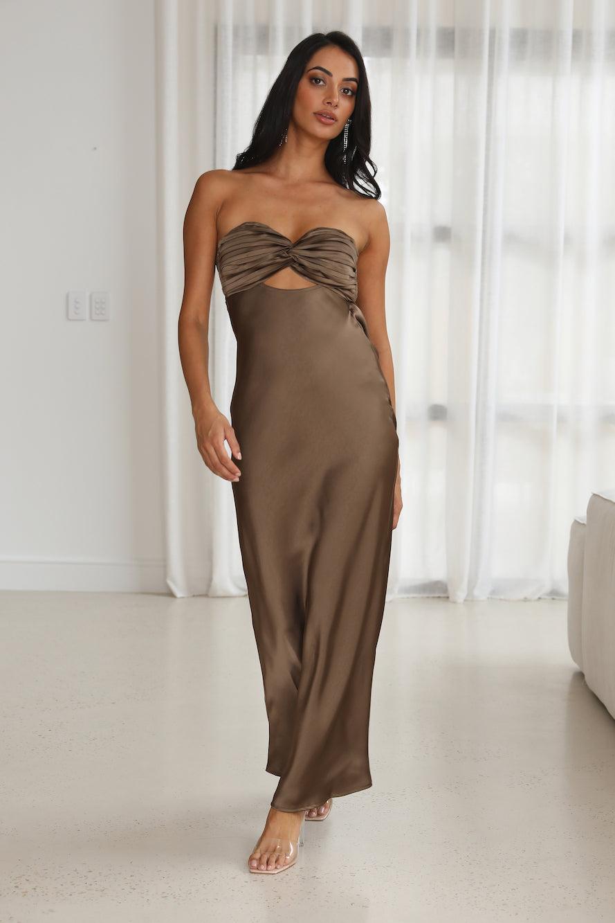 Up And Downs Satin Maxi Dress Brown Product Image