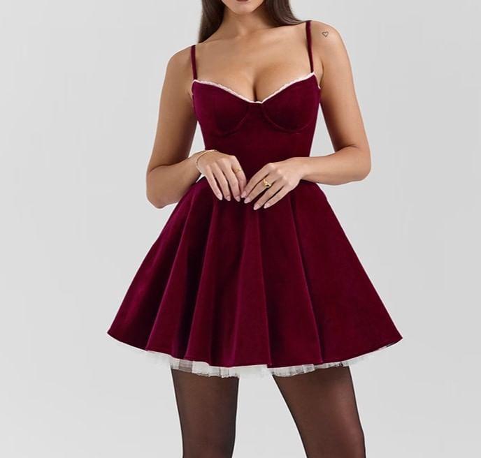 Spaghetti Strap Ruffled-Trim Plain Velvet Slim-Fit Mini A-Line Dress Product Image