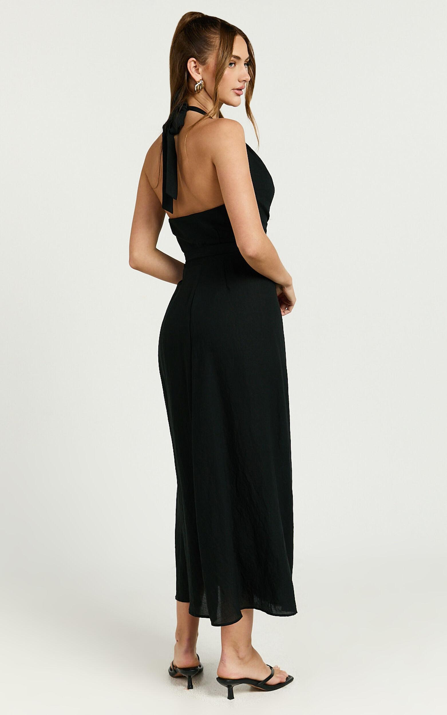 Robbie Midi Dress - Plunge Halter Midi Wrap Dress in Black Product Image