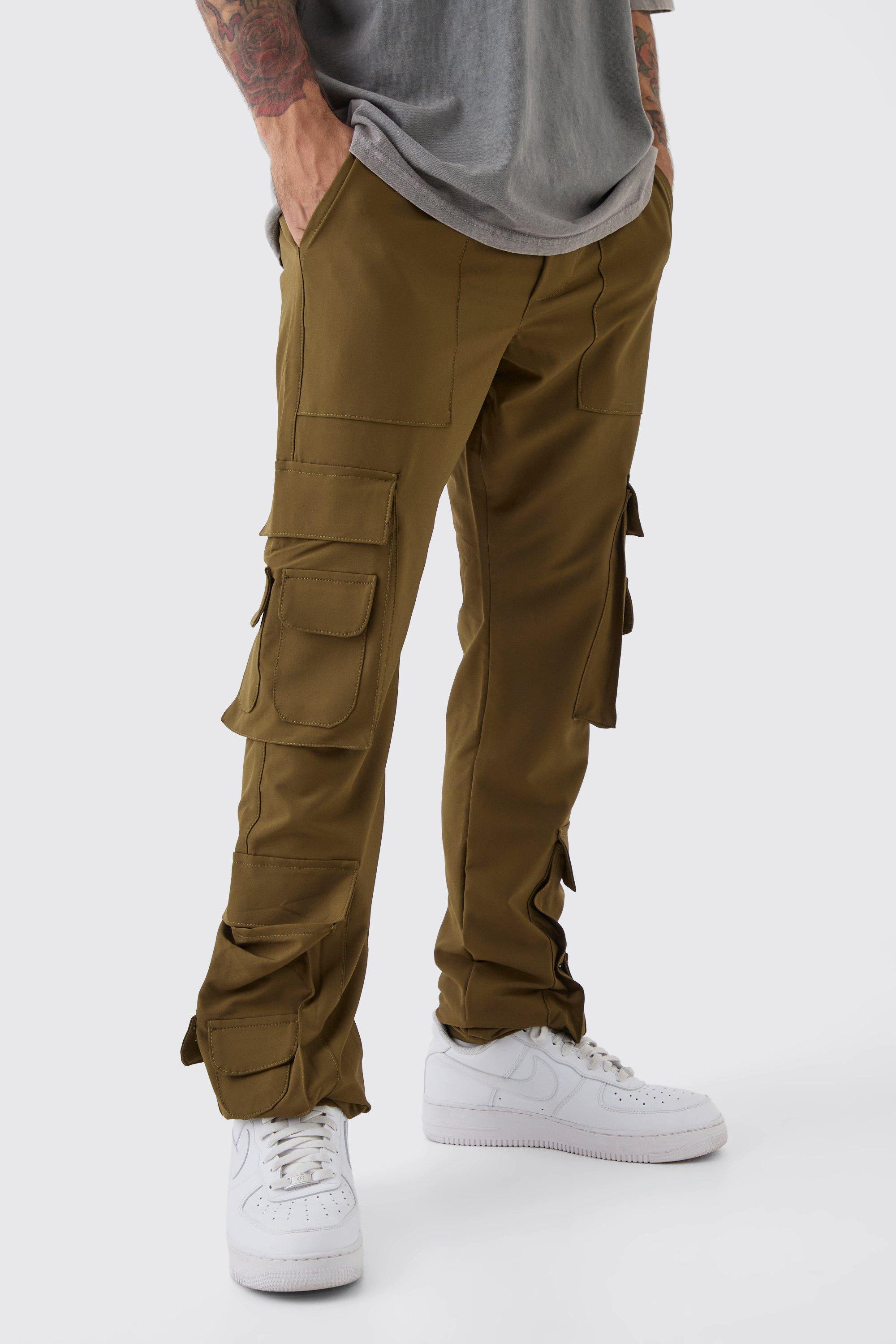 Mens Green Elasticated Slim Stacked Nylon Cargo Trousers, Green product image