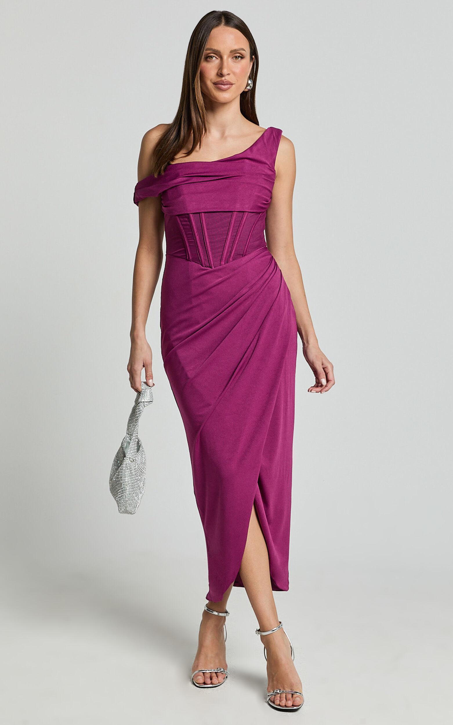 Aidia Midi Dress - One Shoulder Draped Corset Dress in Plum Product Image