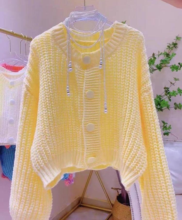 Plain Button-Up Chunky Knit Cardigan Product Image