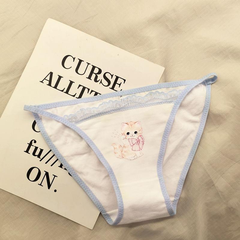 Cat Print Lace Trim Bikini Panties Product Image