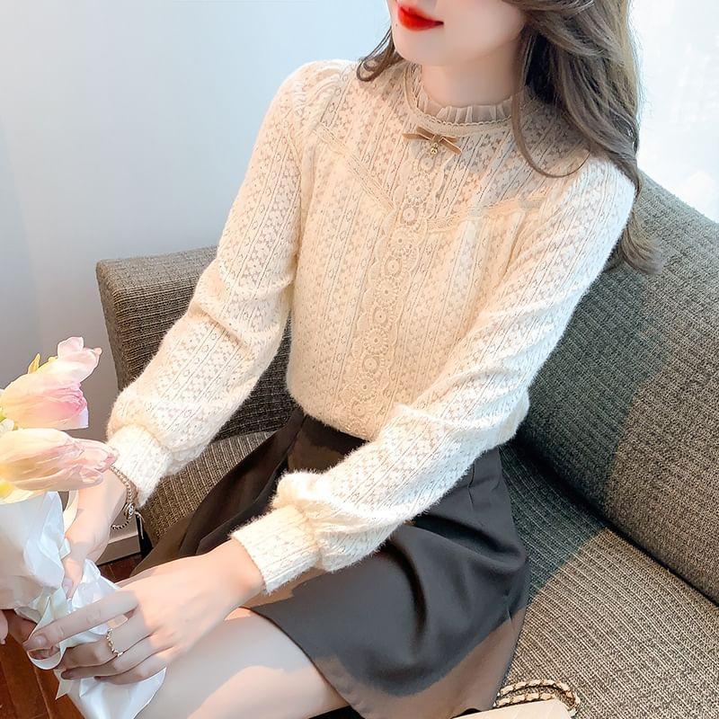 Long-Sleeve Bow Frill Trim Lace Blouse Product Image