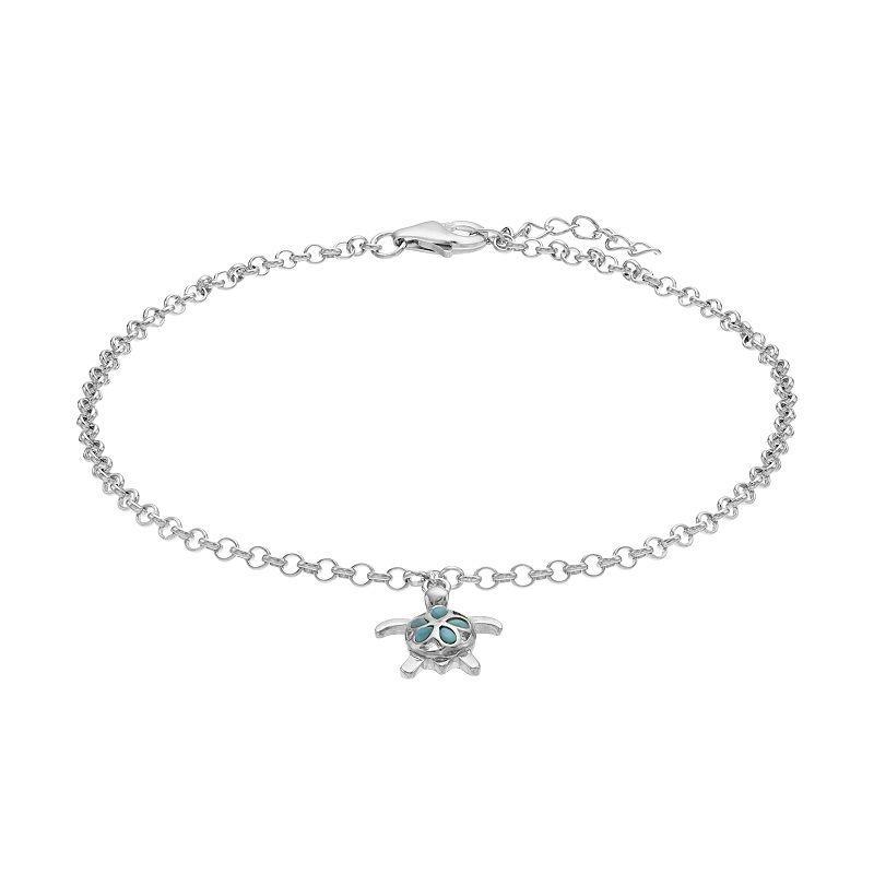 Sterling Silver Larimar Turtle Anklet, Womens Product Image