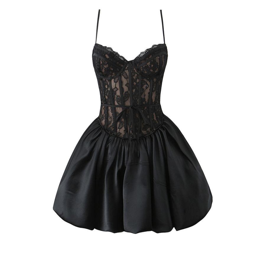 Spaghetti Strap Lace Panel Mini A-Line Balloon Dress Product Image