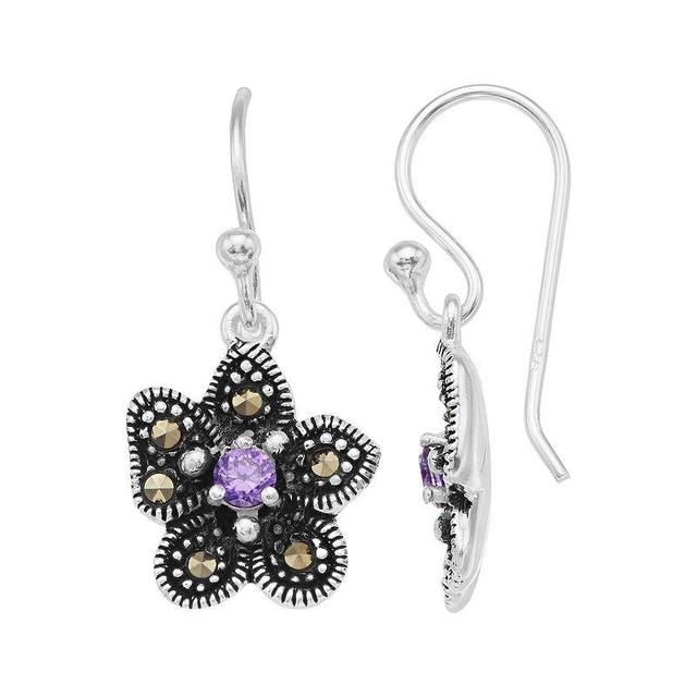 Tori Hill Sterling Silver Marcasite & Purple Glass Flower Drop Earrings, Womens Product Image