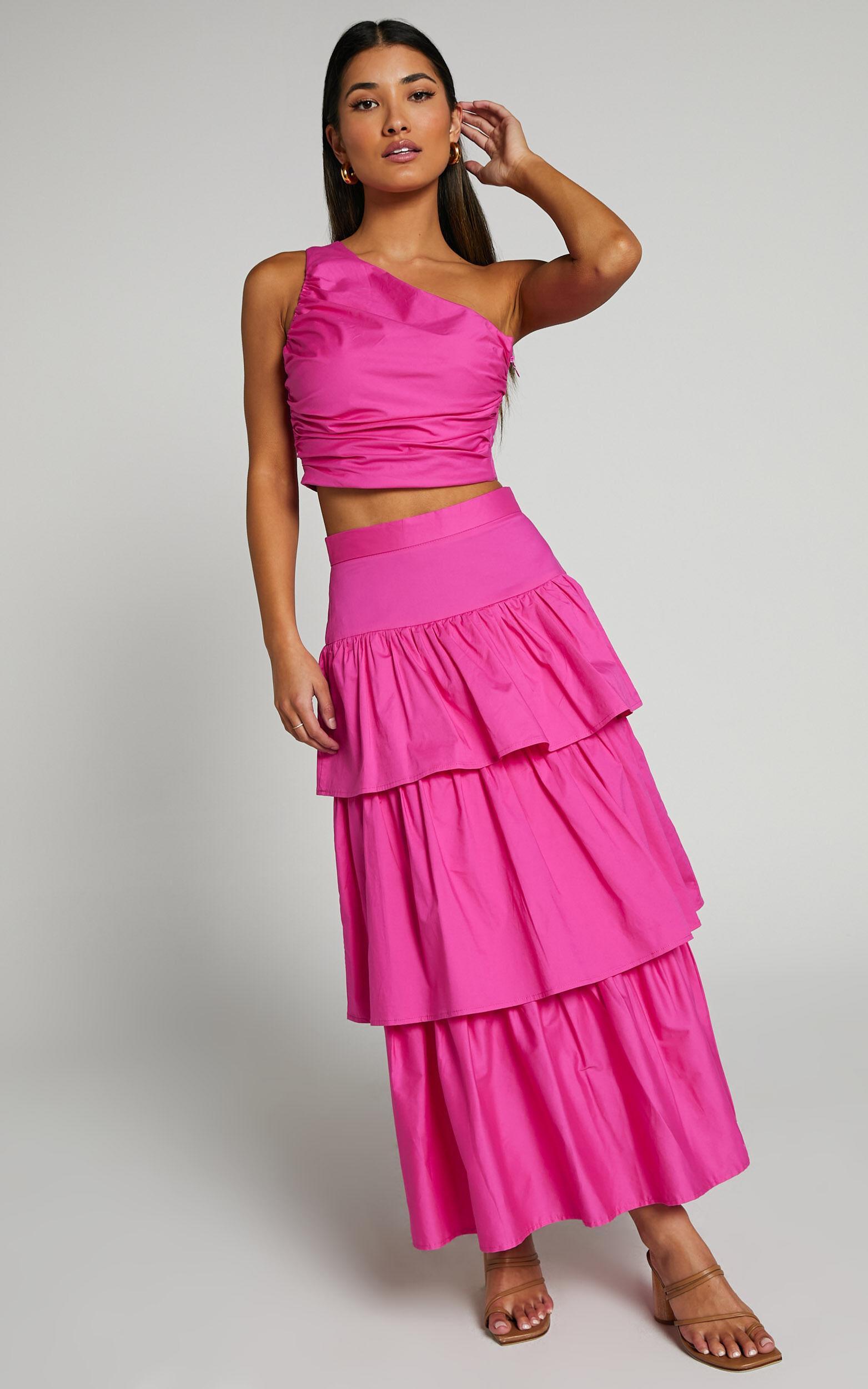 Kaycie Two Piece Set - One Shoulder Asymmetrical Ruched Top and Tiered Midi Skirt Set in Pink Product Image