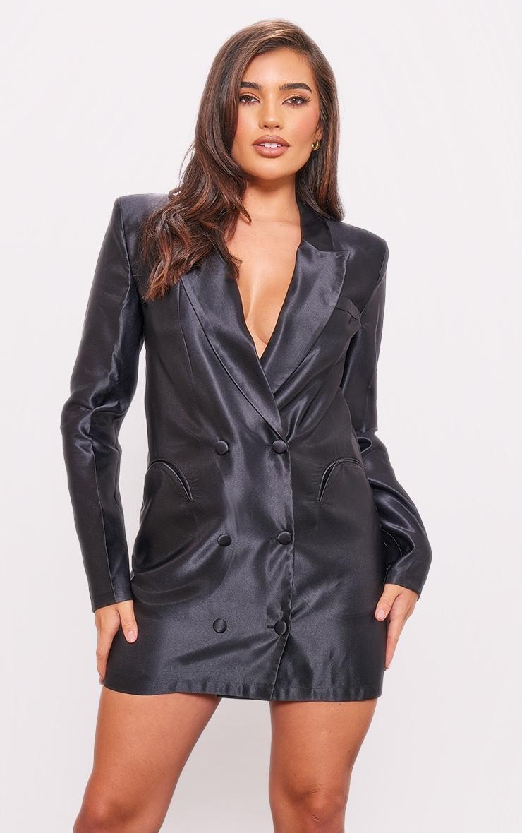  Black Double Breasted Satin Tailored Blazer Dress Product Image