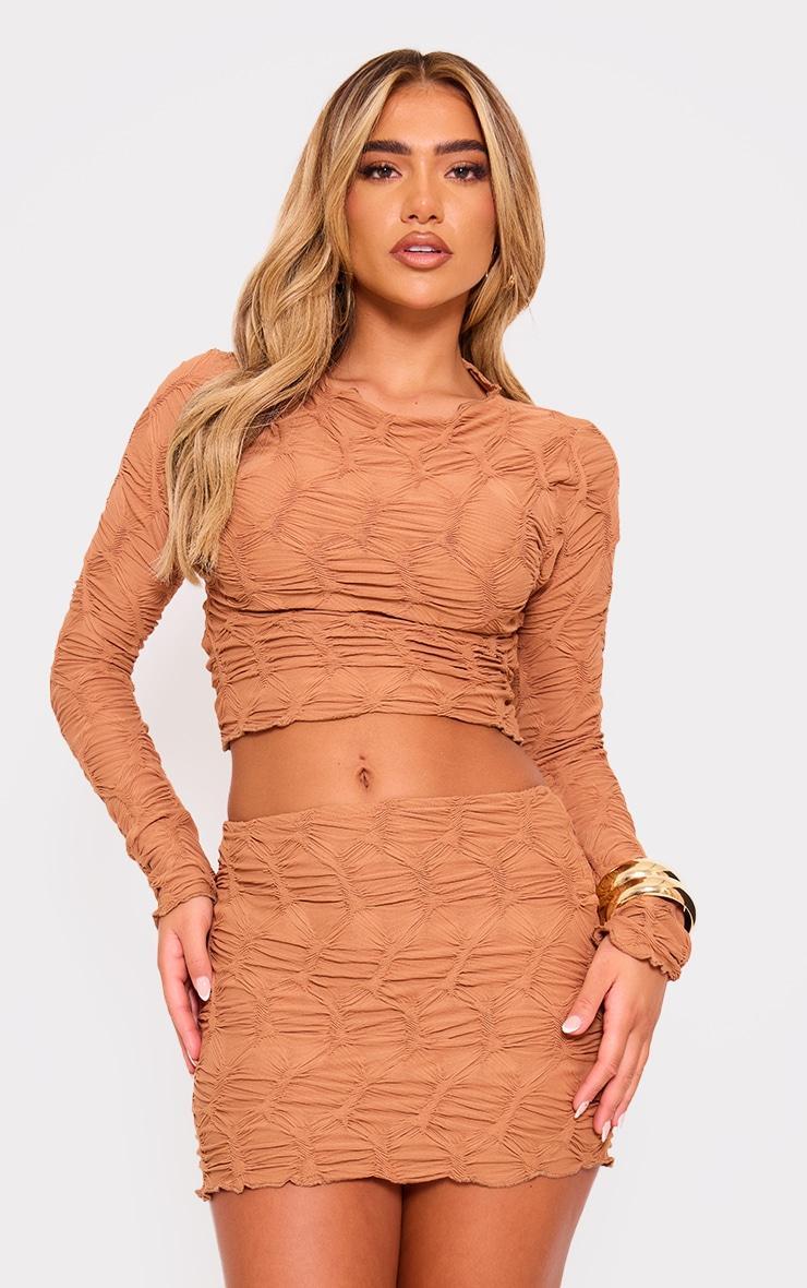 Camel Textured Long Sleeve Crop Top Product Image