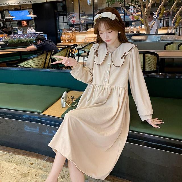 Maternity Long-Sleeve Collar Bow Embroidered Midi Smock Dress Product Image