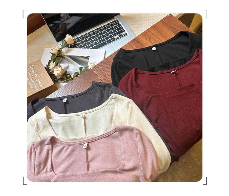 Long-Sleeve Square Neck Plain Lettuce Edge Slim Fit Tee Product Image