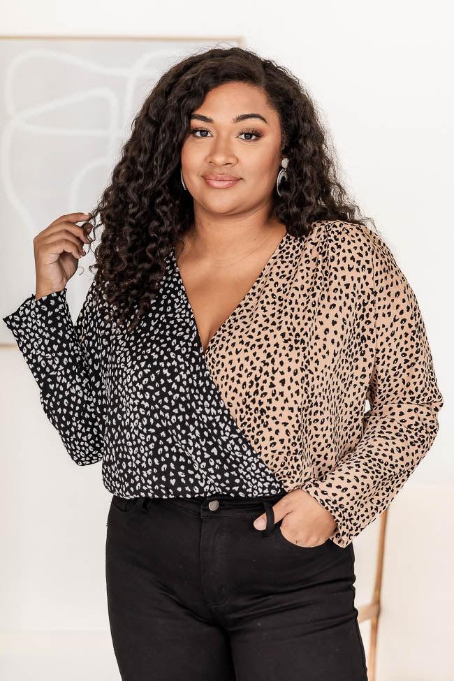 Can't Deny My Love Black and Taupe Spliced Leopard Print Bodysuit FINAL SALE Product Image