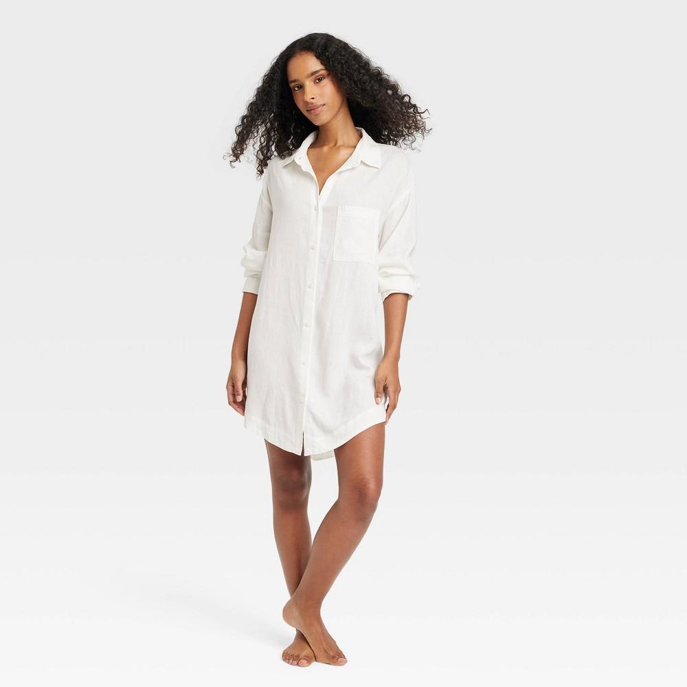 Womens Linen Blend Sleep Shirtdress - Stars Above White L Product Image