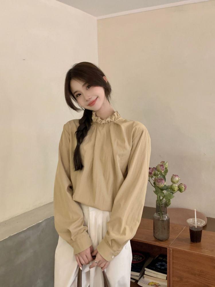 Long-Sleeve Plain Frill Trim Blouse Product Image