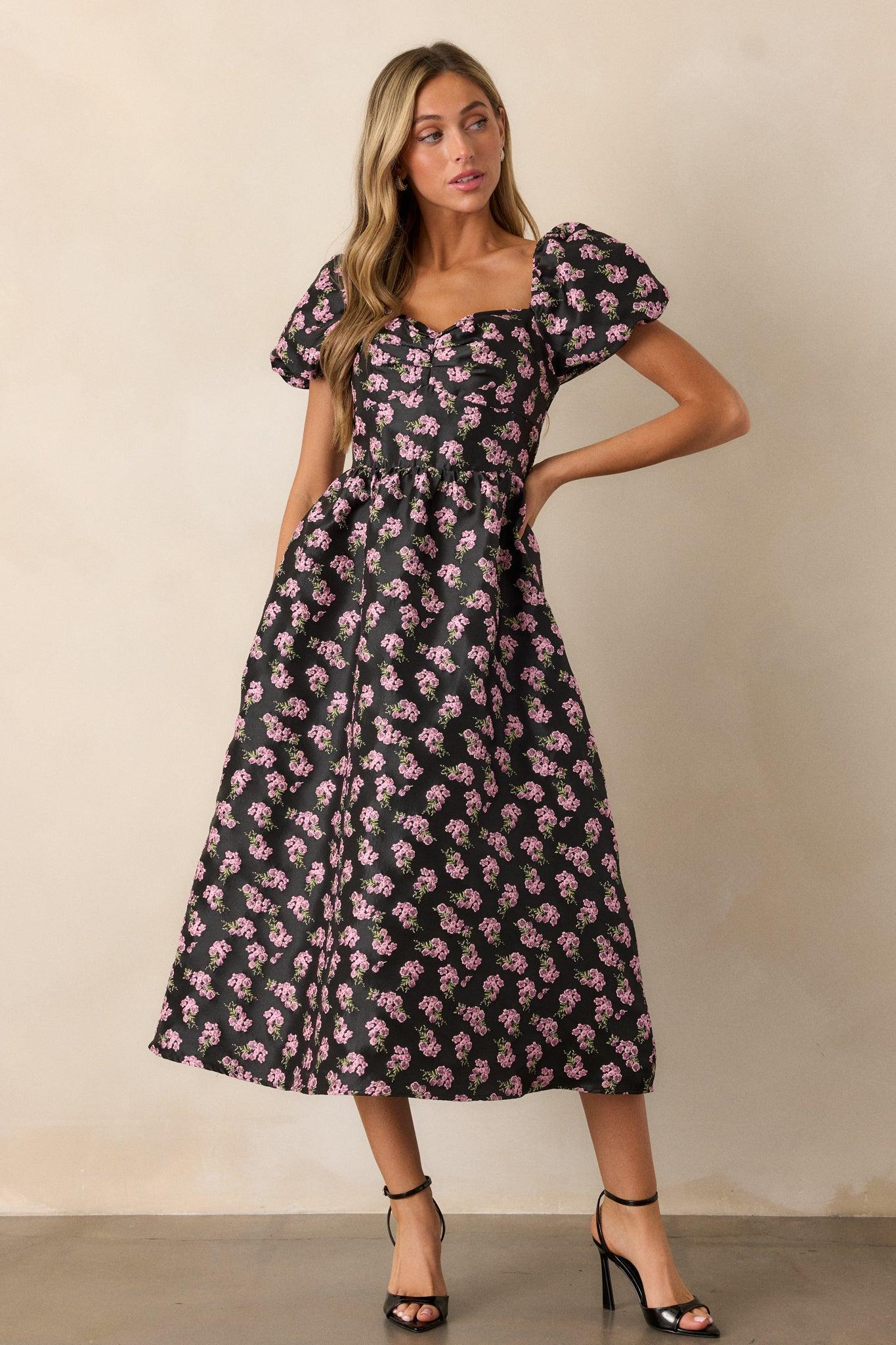 Time Flies Black Floral Jacquard Puff Sleeve Midi Dress Product Image