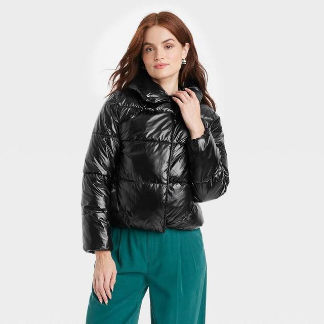 Womens Short Relaxed Puffer Jacket - A New Day Black L Product Image