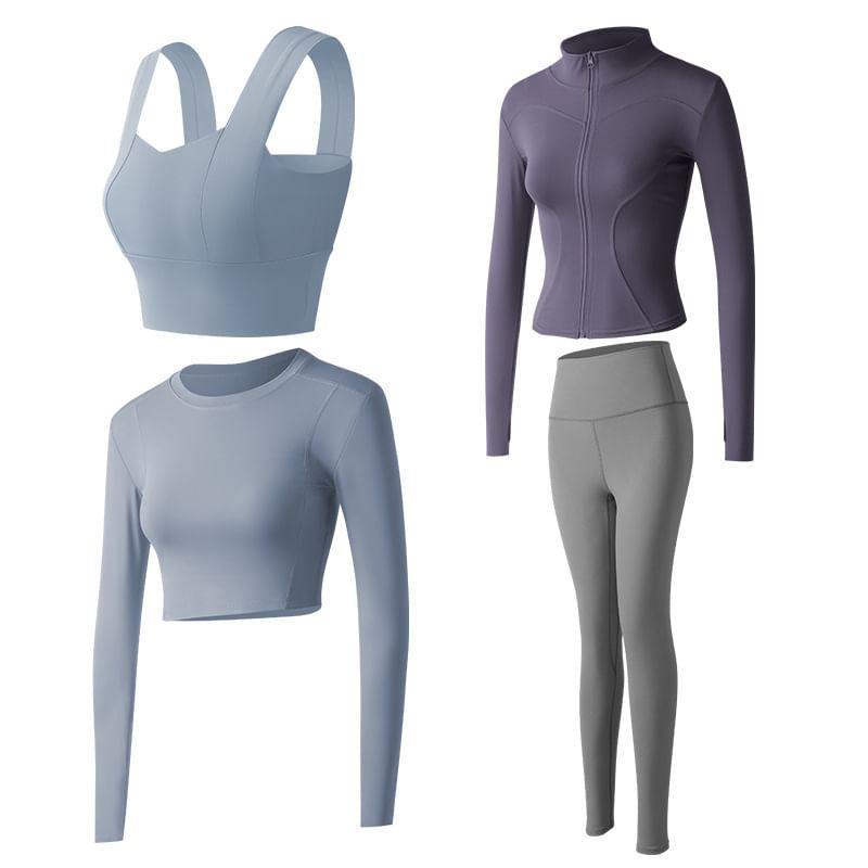 Set: Plain Sports Bra + Stand Collar Panel Zip Yoga Jacket + High Waist Yoga Pants Product Image