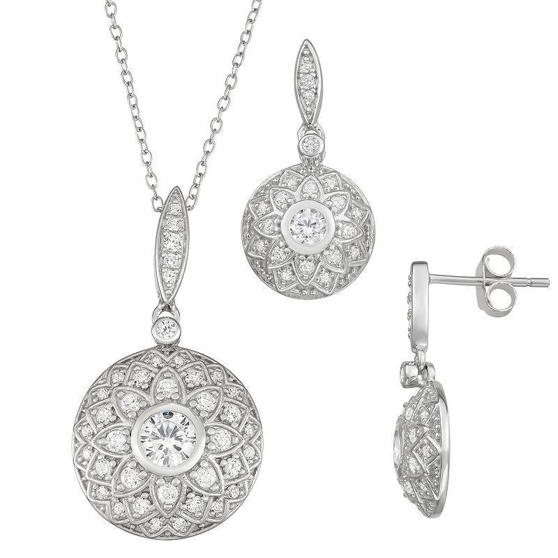 Sterling Silver Cubic Zirconia Drop Earring and Pendant Set, Womens Silvertone Product Image