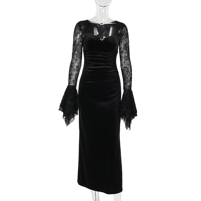 Long-Sleeve Square Neck Lace Panel Maxi A-Line Dress Product Image