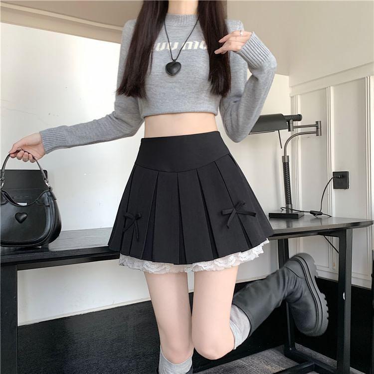 High Waist Plain Bow Lace Trim Pleated Mini A-Line Skirt Product Image