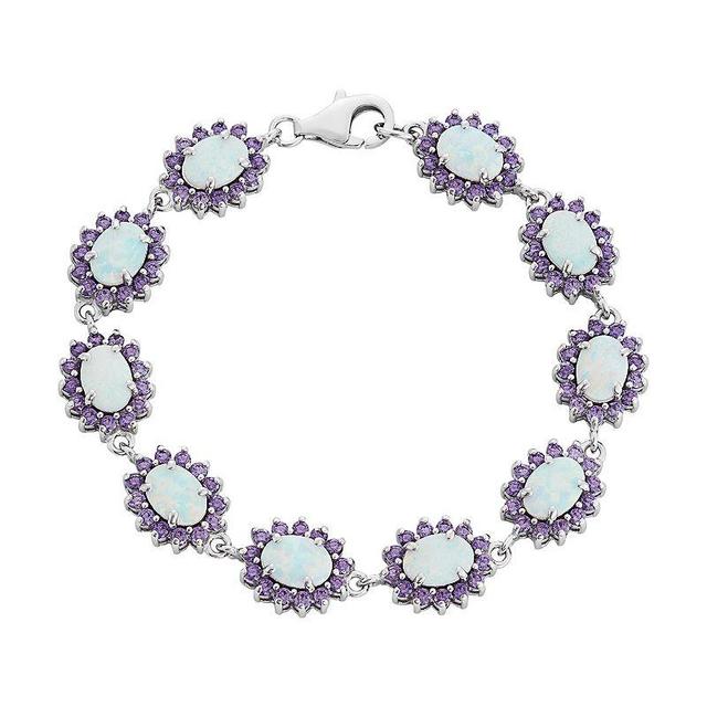 Sterling Silver Lab-Created White Opal & Cubic Zirconia Halo Bracelet, Womens Multicolor Product Image