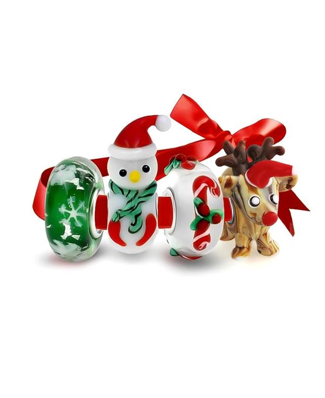 4 Murano Glass Christmas Set Reindeer Candy Cane Snowman Snowflake Charm Bead For Teen For Women .925 Sterling Silver Product Image