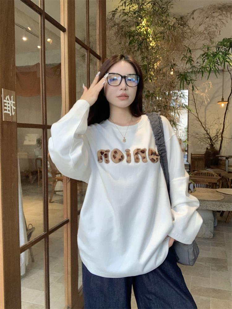 Long-Sleeve Round Neck Lettering Embroidered T-Shirt Product Image