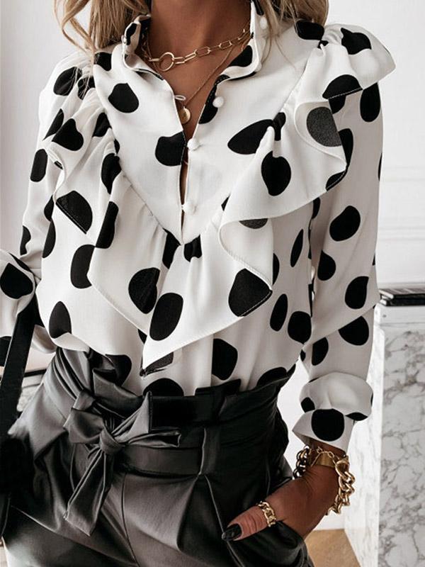 Long Sleeves Loose Pleated Polka-Dot Split-Joint Stand Collar Blouses Product Image