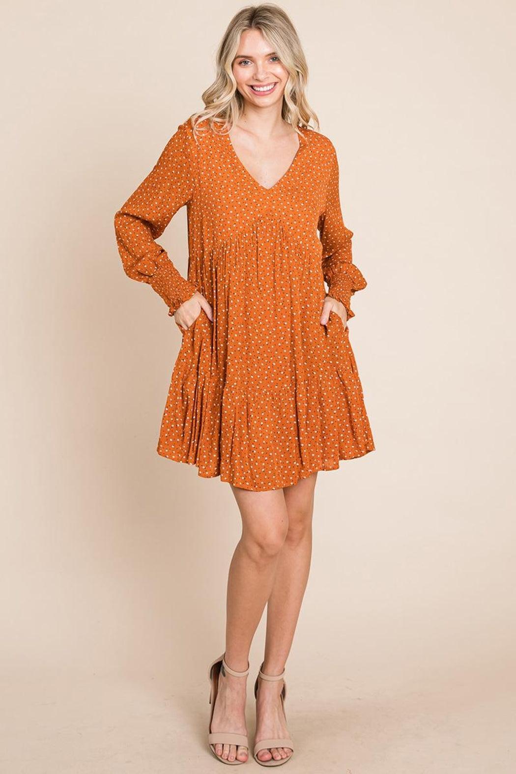 V Neck Floral Printed Long Sleeve Pleated Dress Product Image