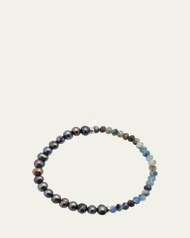 Mens Grey Freshwater Pearl and Gemstone Split Beaded Bracelet Product Image