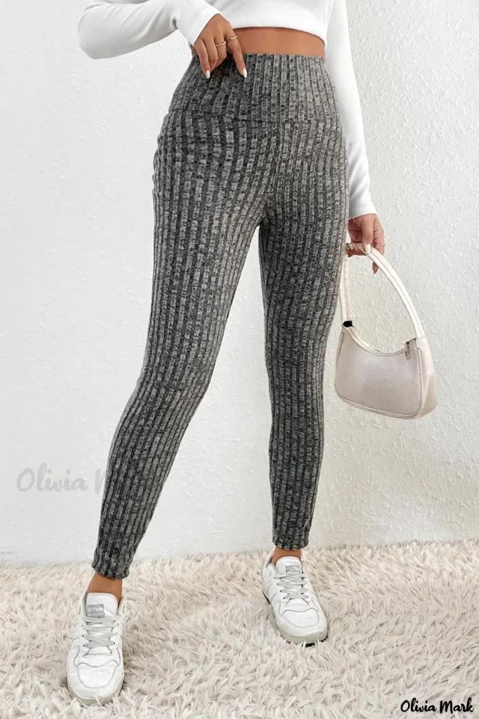 Olivia Mark – Premium Gray Ribbed Textured Knit Leggings with Wide Waistband product image