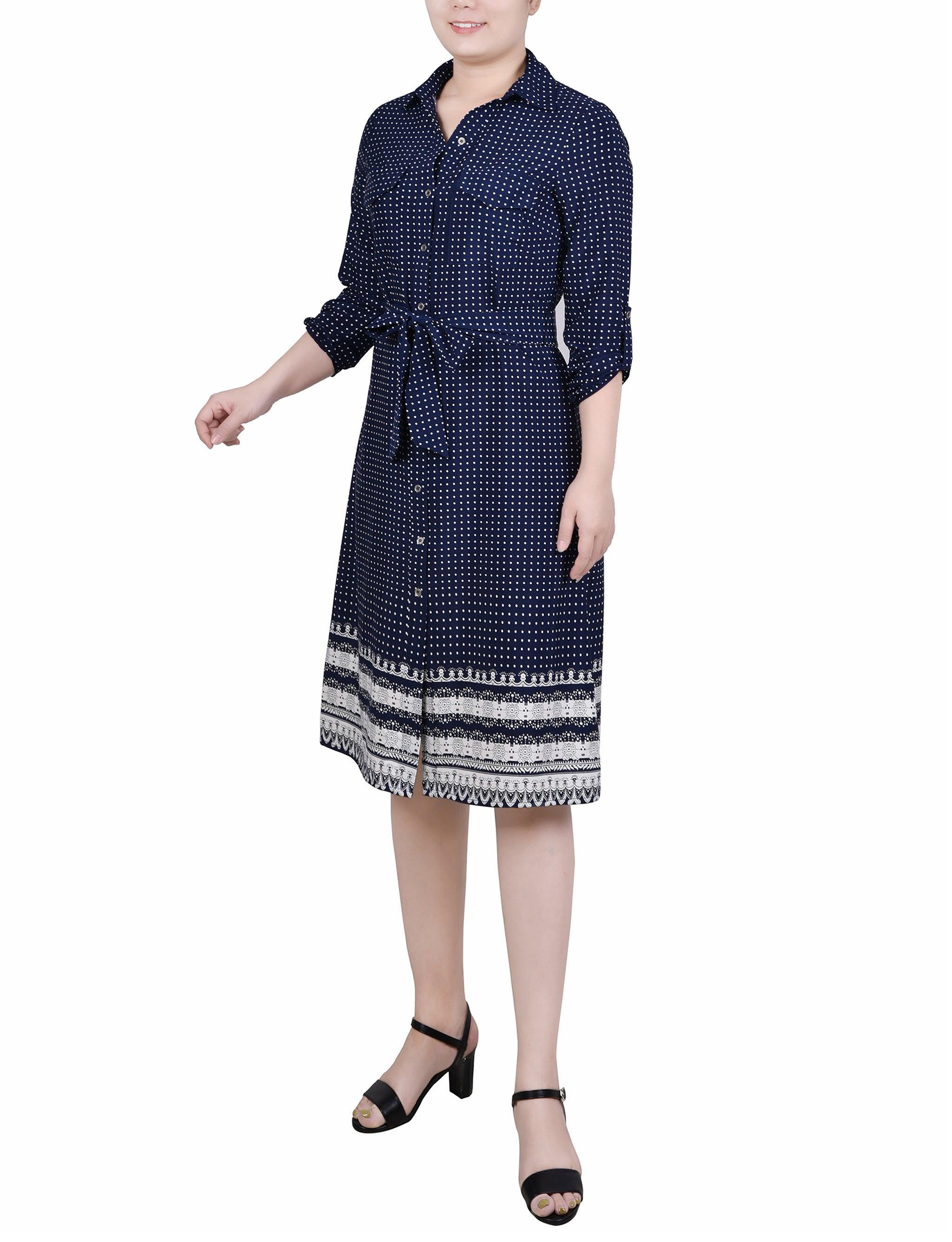 3/4 Length Roll Tab Sleeve Belted Shirtdress - Petite Product Image