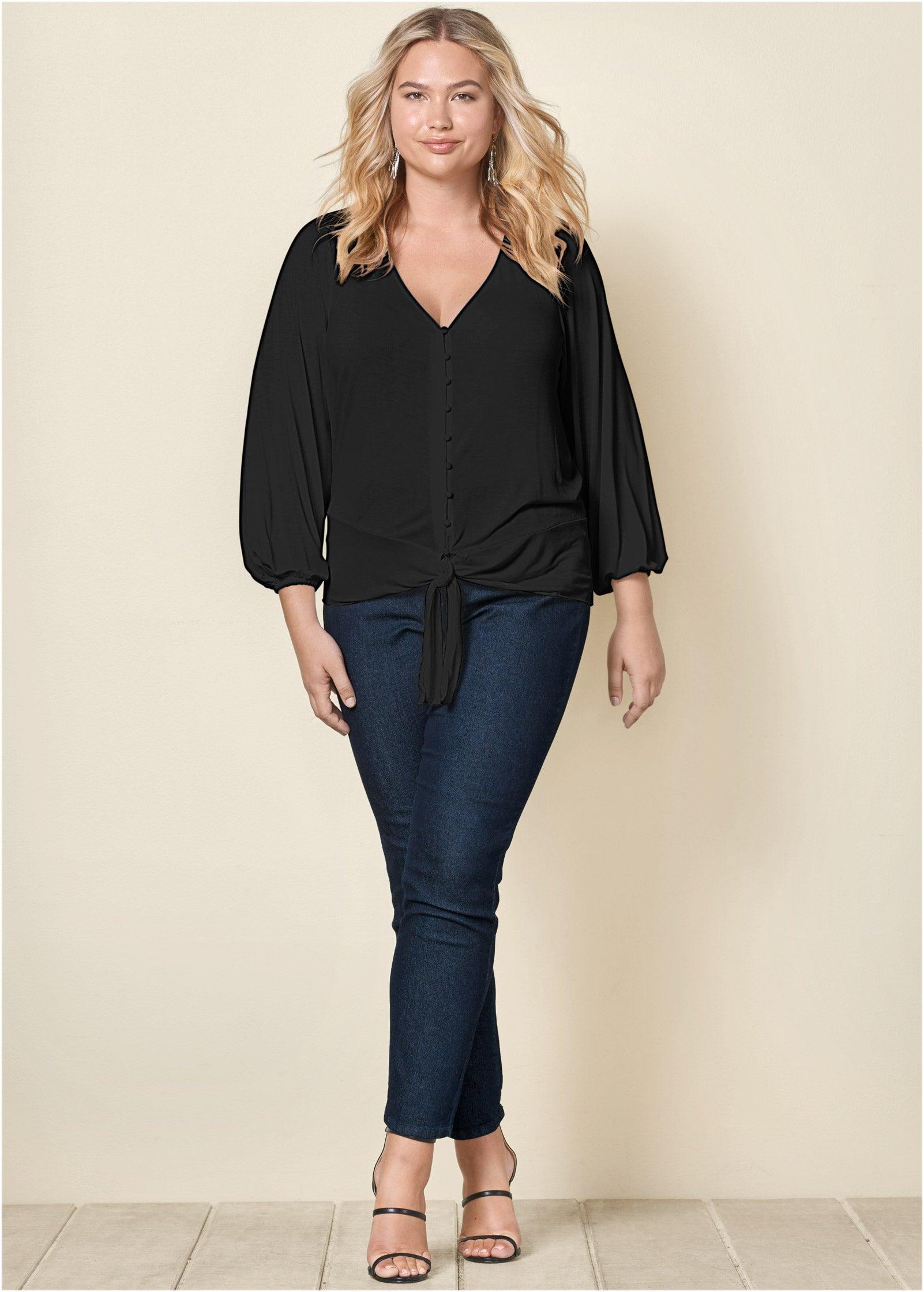 Tie-Front Button-Up Top - Black product image